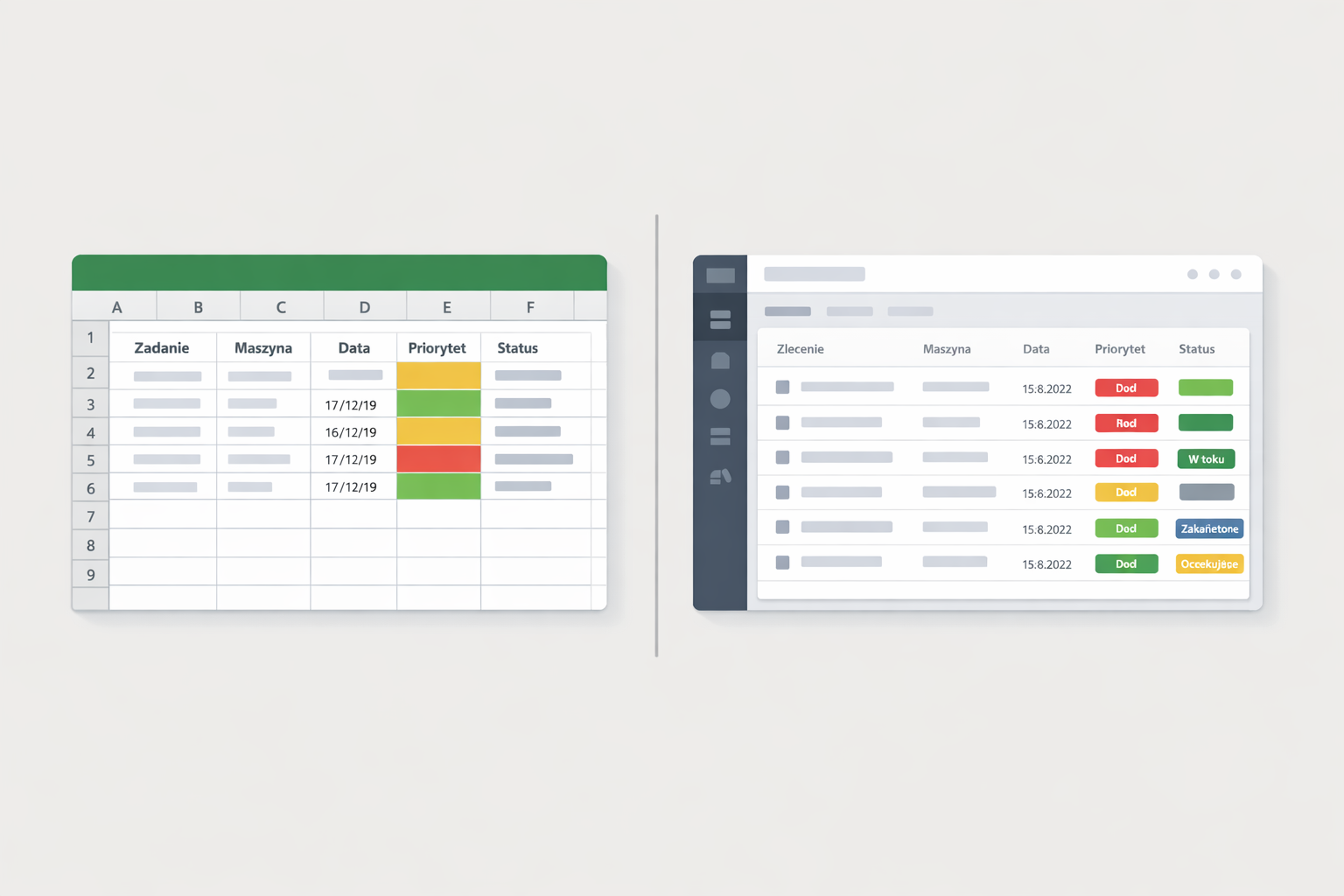 Profesjonalna B2B grafika blogowa: po lewej arkusz Excel z tabelą utrzymania ruchu, po prawej panel systemu CMMS z listą zleceń i statusów na neutralnym tle