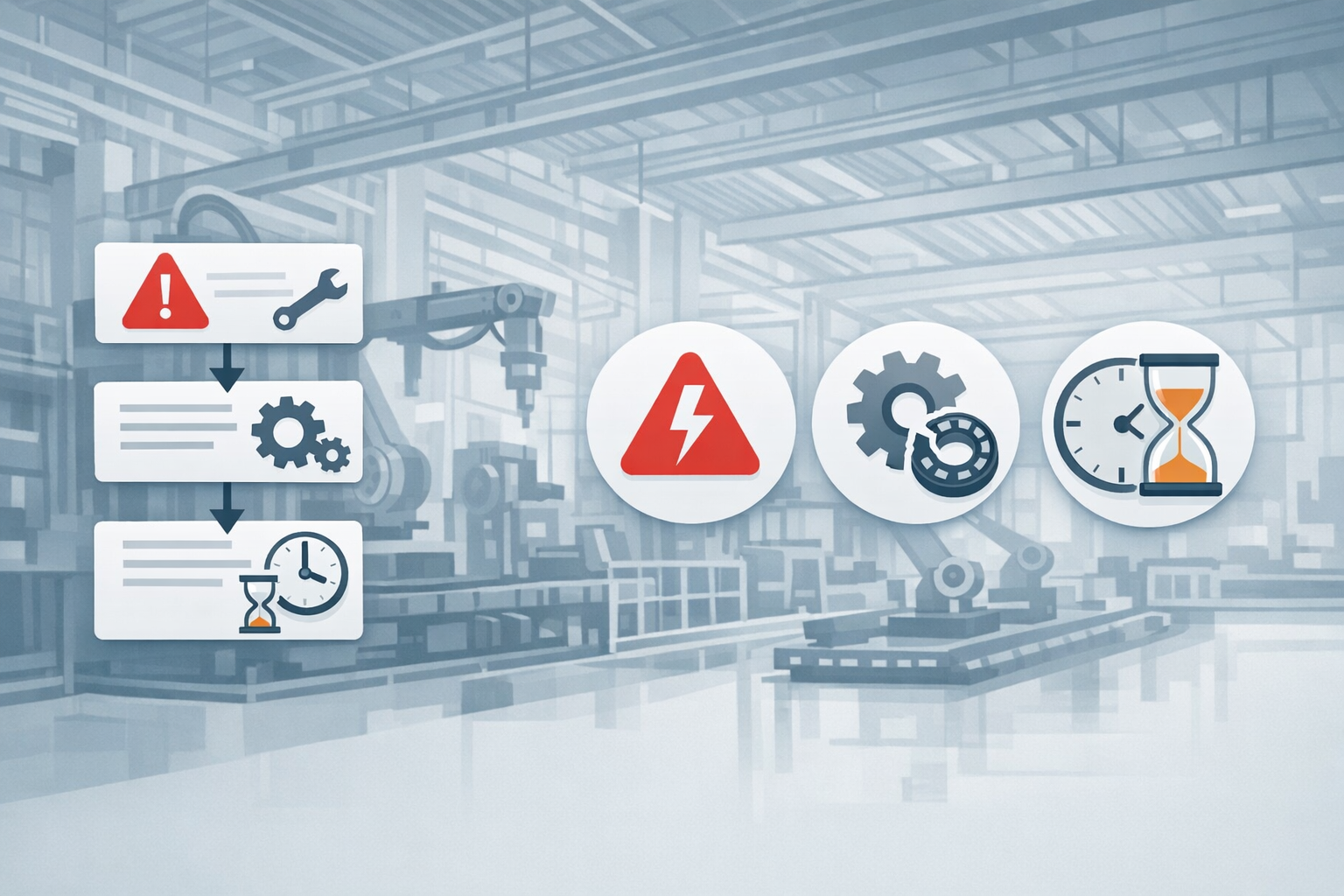 Profesjonalna minimalistyczna grafika B2B przedstawiająca halę produkcyjną, schemat zgłoszeń serwisowych oraz ikony awarii, części i czasu przestoju.