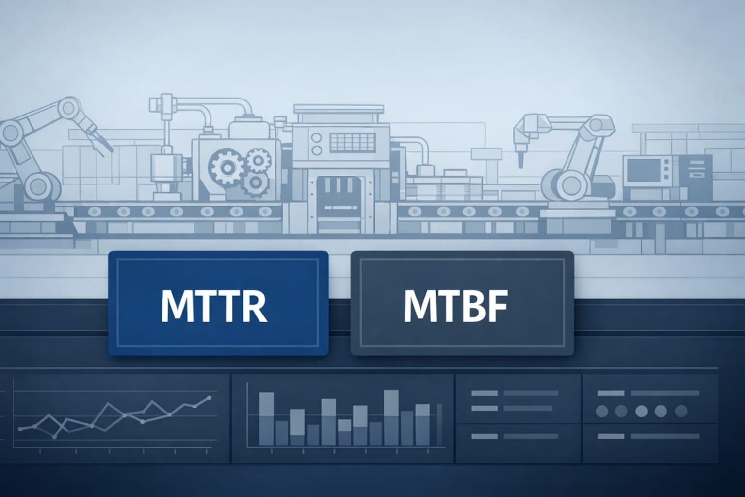 Profesjonalny cover B2B z dashboardem utrzymania ruchu pokazującym kafelki KPI MTTR i MTBF na tle schematu maszyny lub linii produkcyjnej.